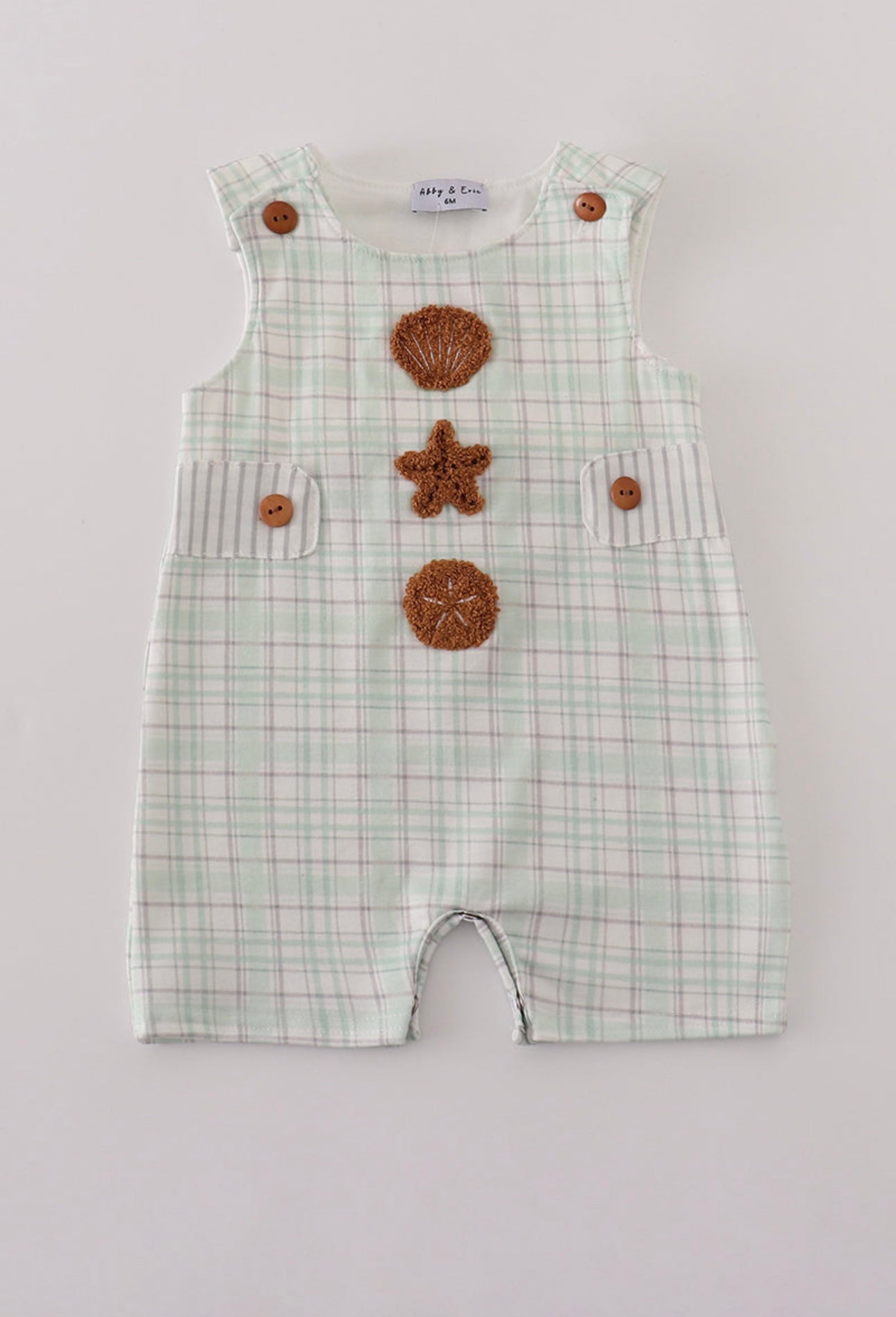 Boy Green plaid seashell French knot Jon Jon