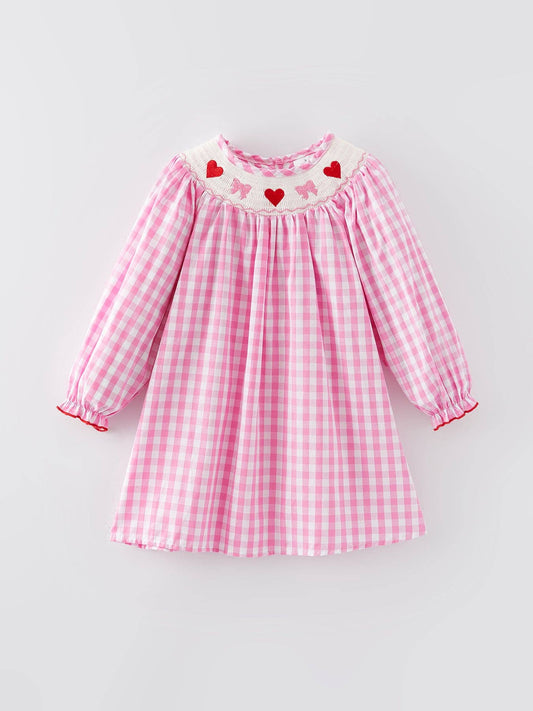 Valentine's Day Heart Bow Smocking Embroidered Dress