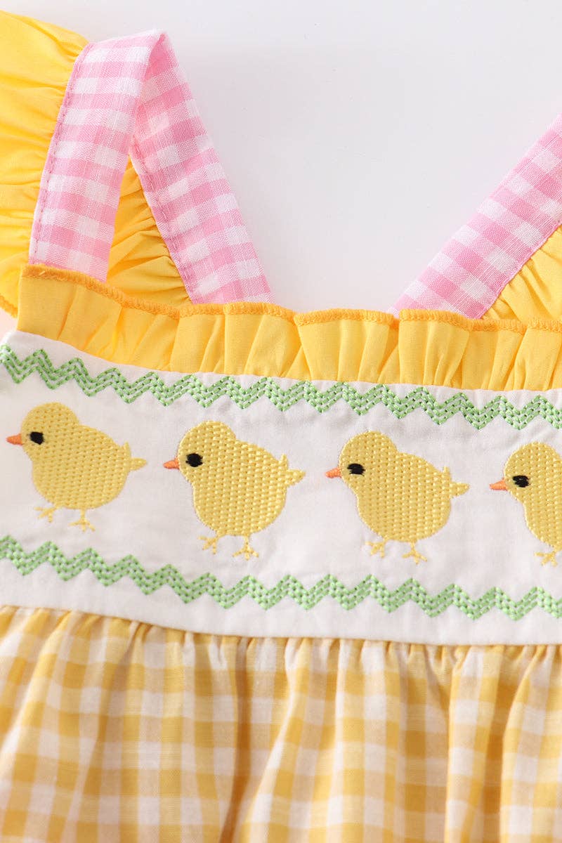 Yellow Plaid Chicken Applique Ruffle Girls Romper Easter