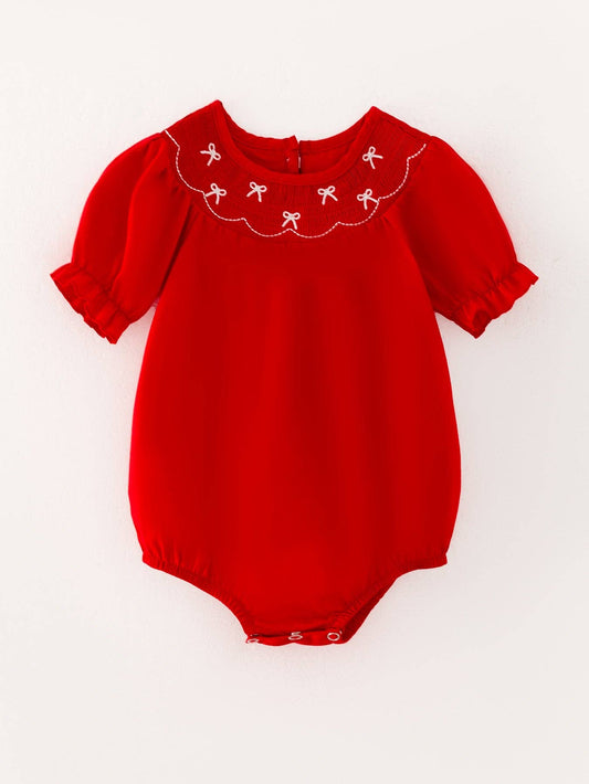 Girls Valentine’s Smocking Embroidered Red Romper