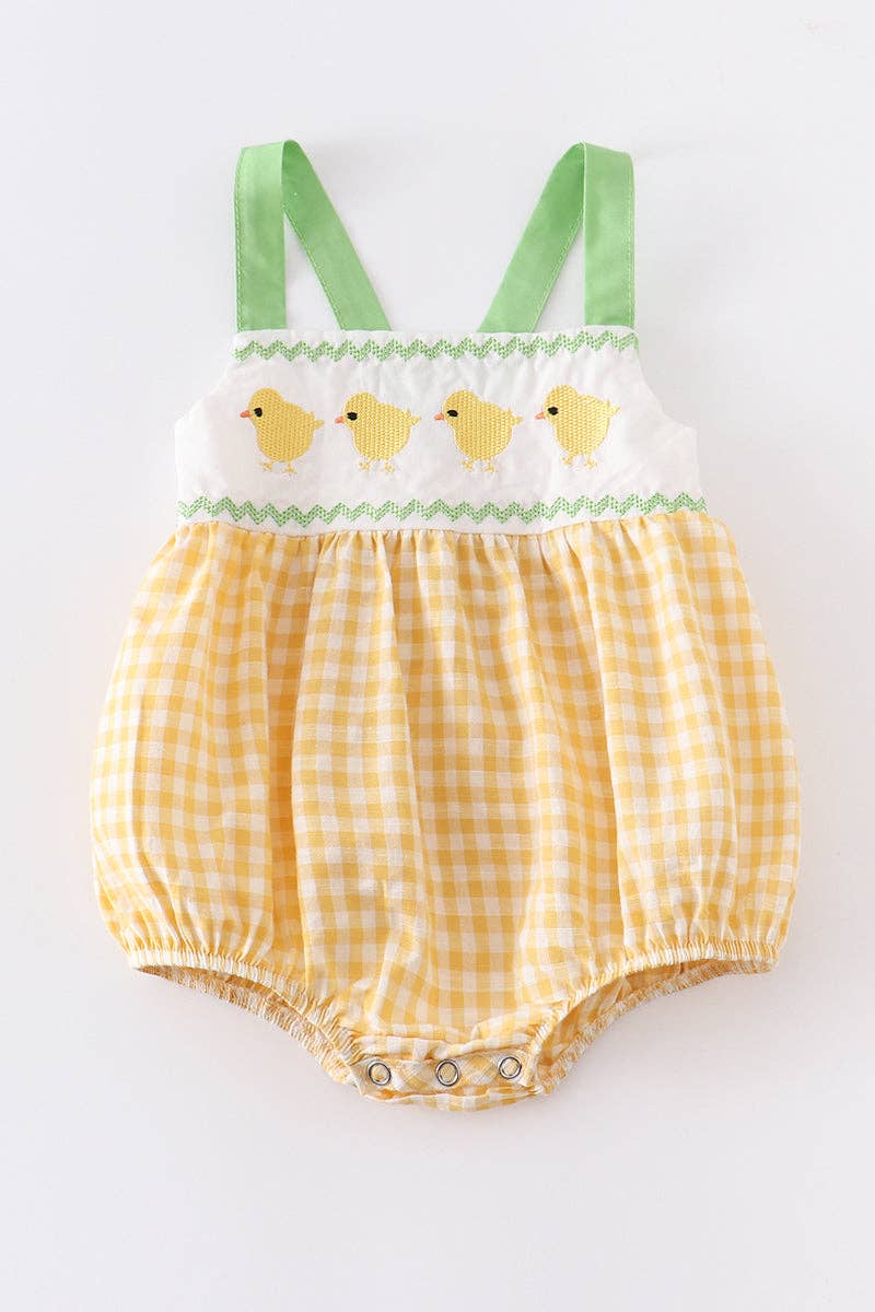 Yellow Plaid Chicken Applique Boy Romper Easter