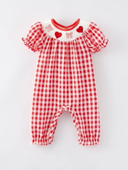 Girls Valentine's Day Smocking Embroidery Plaid Romper