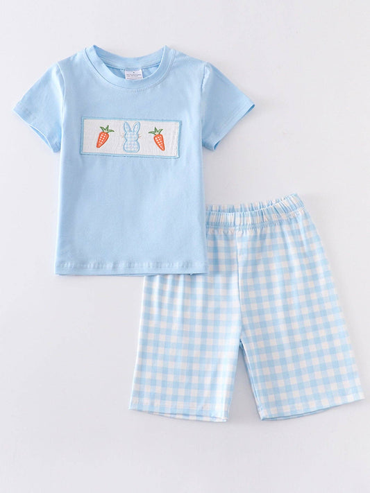 Blue Plaid Rabbit Applique Boy Set