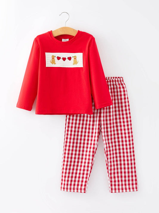 Valentine's Day Dog Smocking Embroidered Boys Set