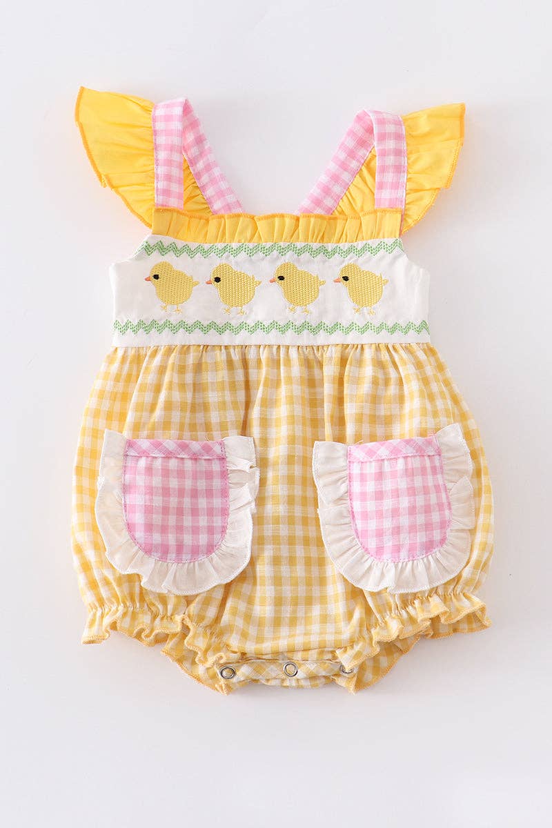 Yellow Plaid Chicken Applique Ruffle Girls Romper Easter