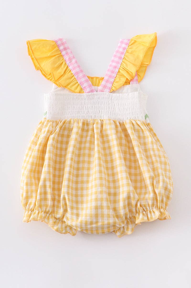 Yellow Plaid Chicken Applique Ruffle Girls Romper Easter