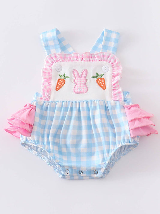 Blue Stripe Rabbit Applique Ruffle Girls Romper