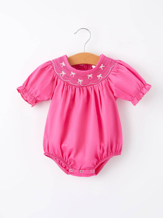 Girls Valentines Smocking Embroidery Hot Pink Romper