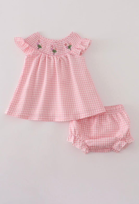 Girl Pink floral smocked Bloomer set