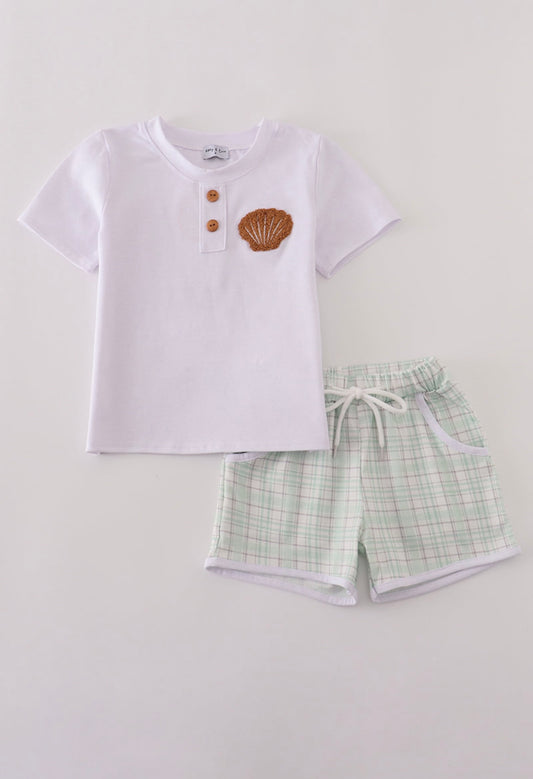 Boy Green plaid seashell French knot shorts set