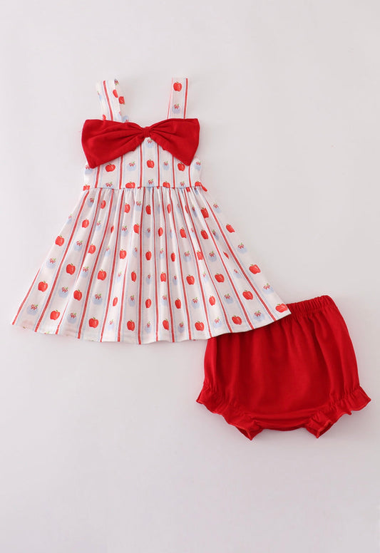 Girl red apple bow bloomer set