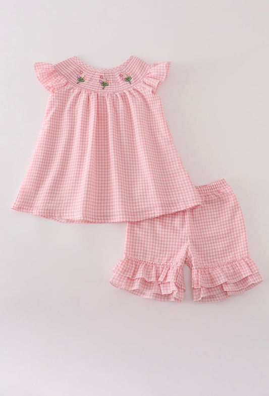Girl Pink floral smocked short set