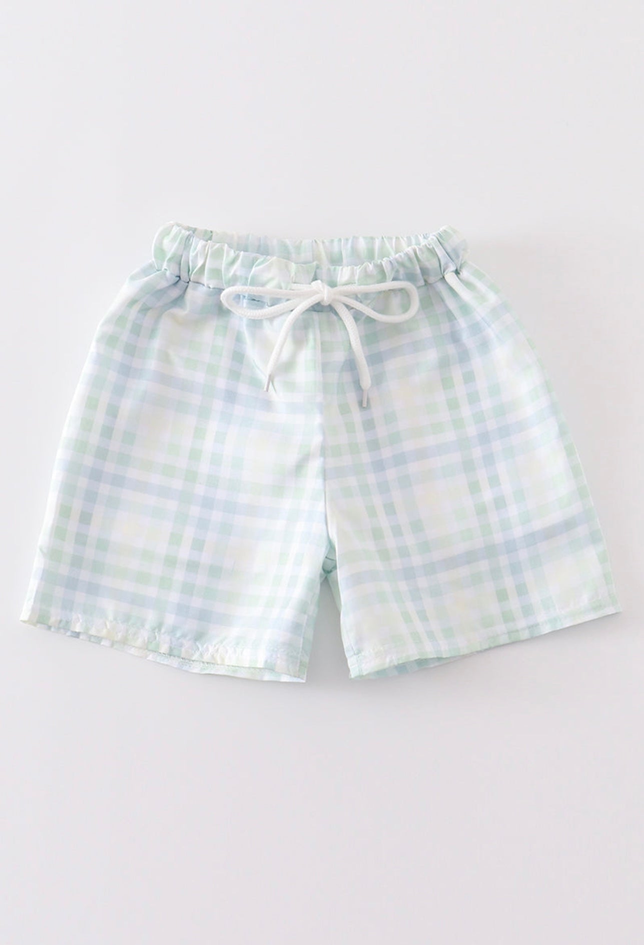 Boy Green plaid swim trunks