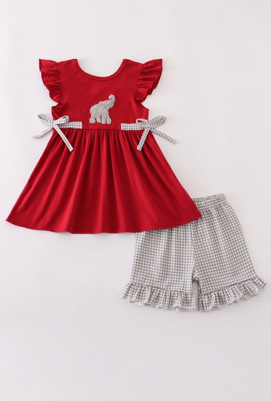 Girl Alabama elephant French knot ruffle short set