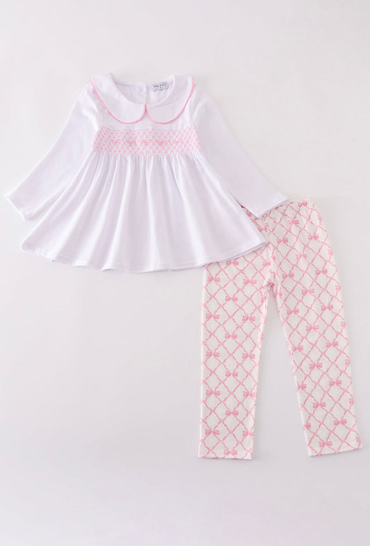Girl Pink bow smocked pants set