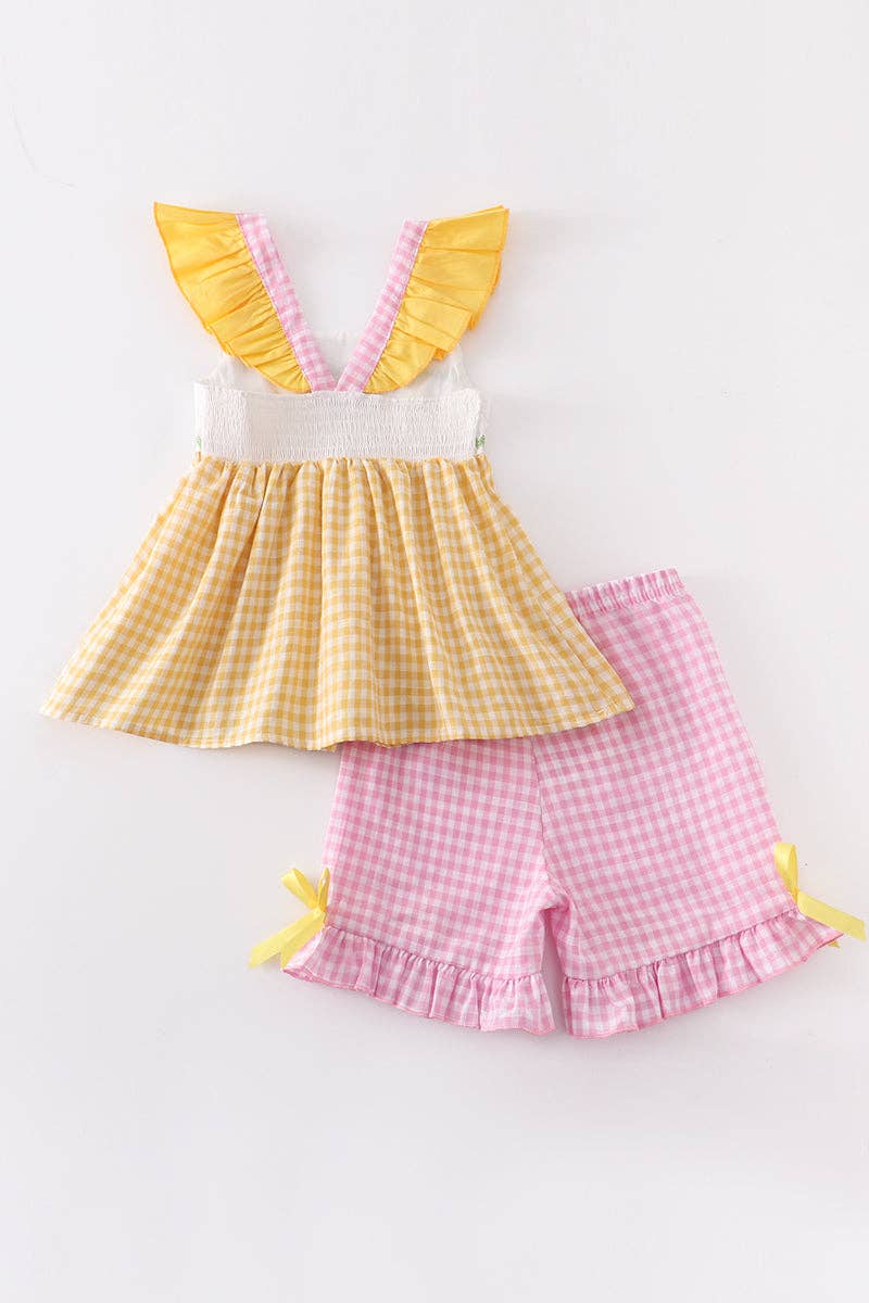 Yellow Plaid Chicken Applique Girl Set Easter