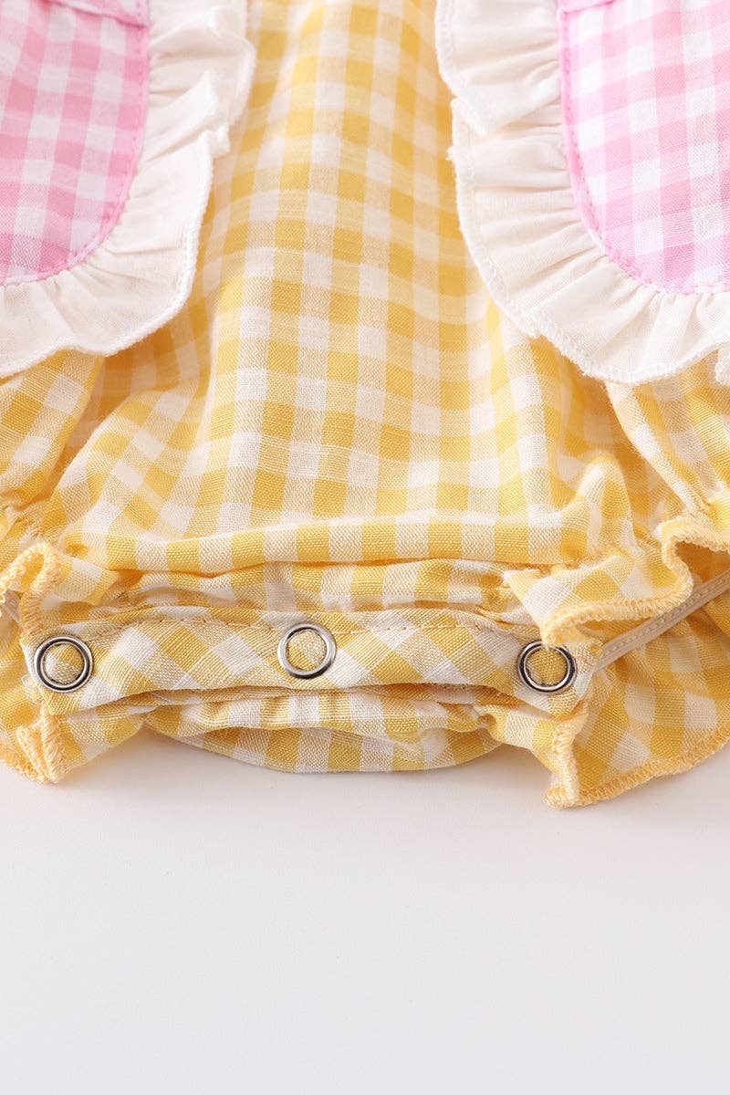 Yellow Plaid Chicken Applique Ruffle Girls Romper Easter