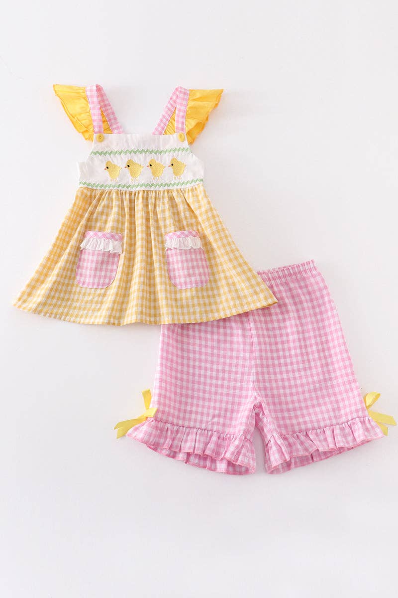 Yellow Plaid Chicken Applique Girl Set Easter